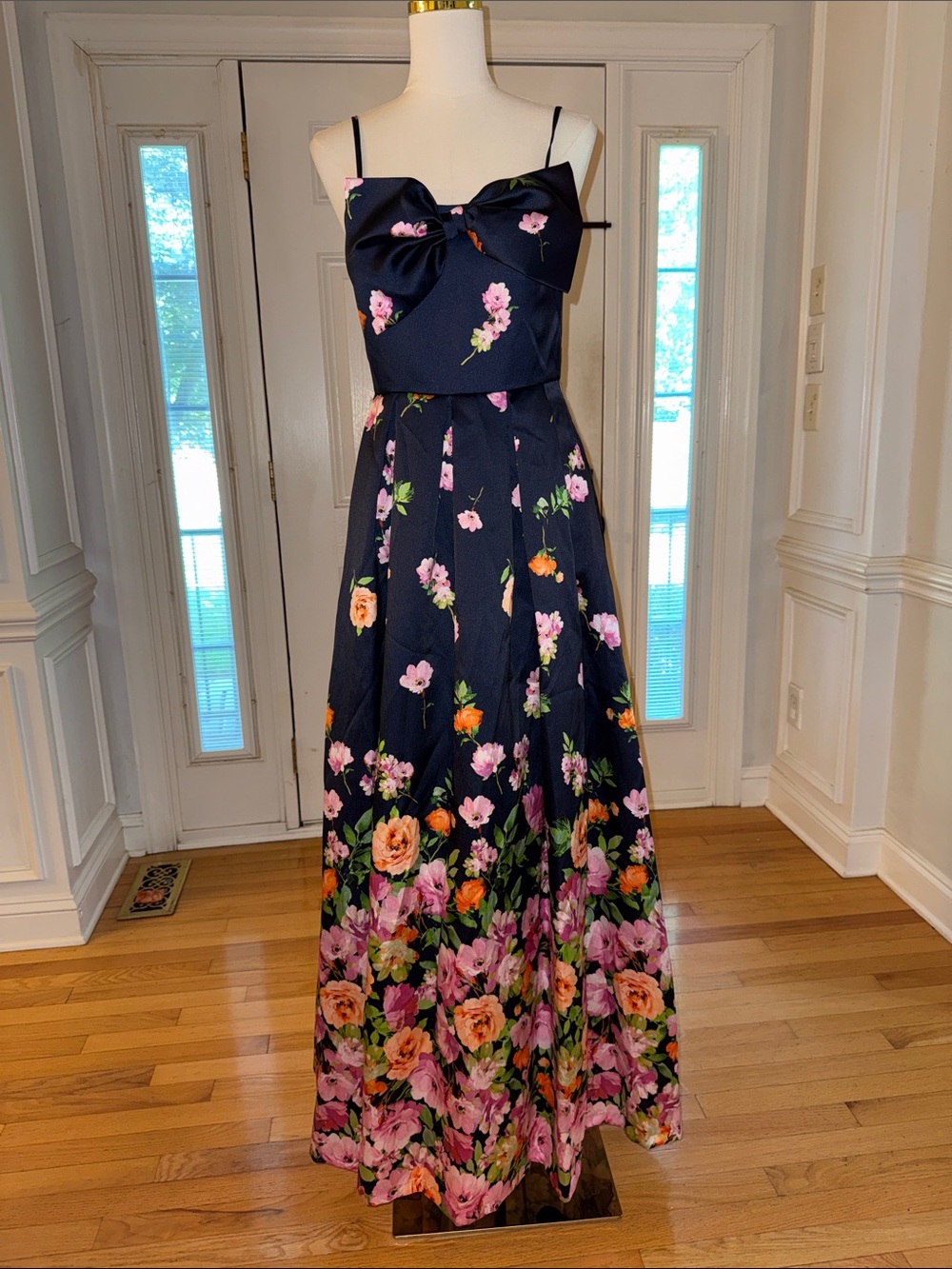 Eliza J Navy Floral Bow-Front Dress with Orange Accent Bow is detached on r side